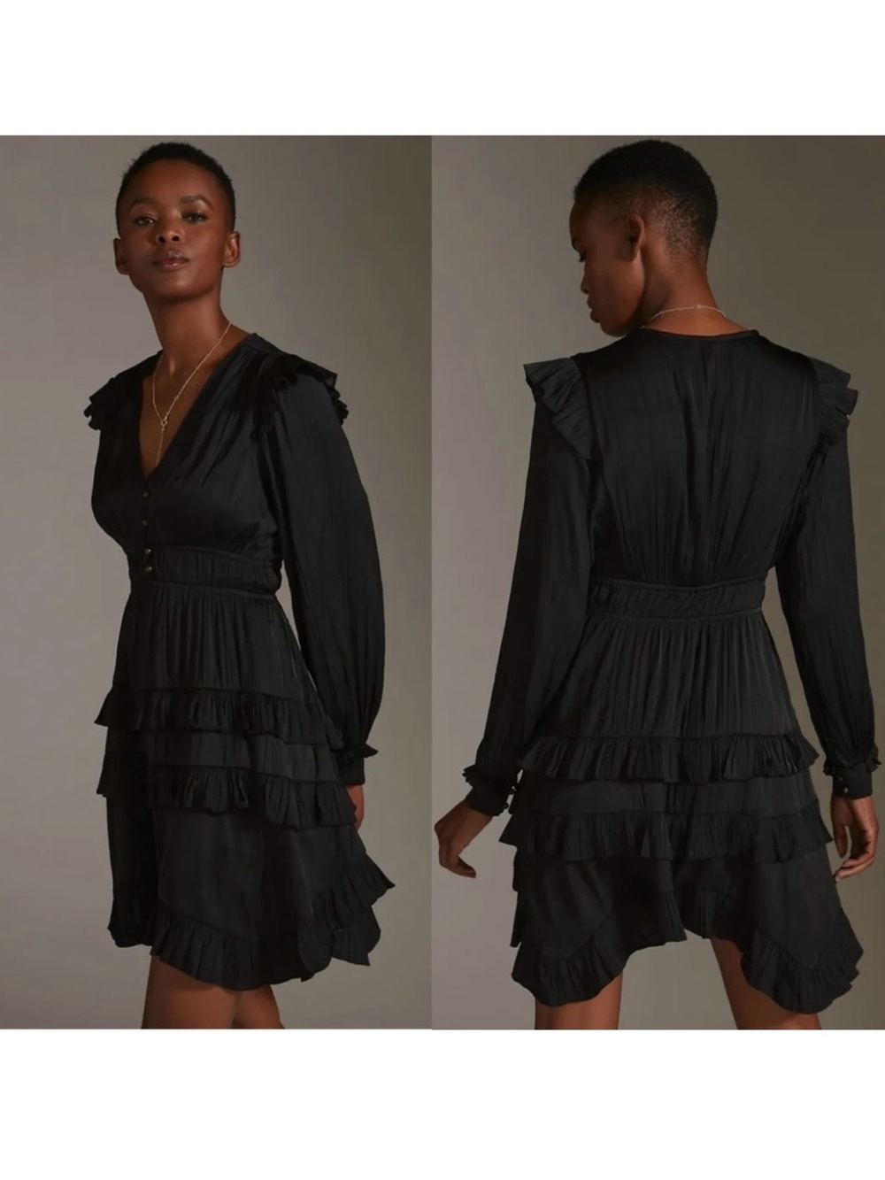NWT Anthropologie, Size XS Tiered Ruffled Black Mini Dress - Picture 2 of 12